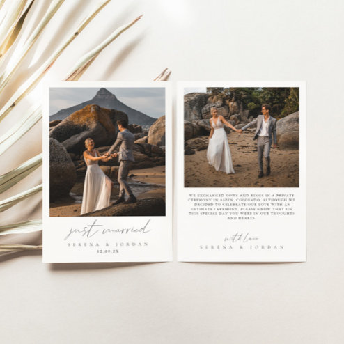 Wedding announcements - Pink Dramatic personalized gifts for you Modern calligraphy two photo just married wedding announcement