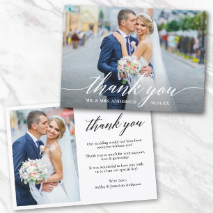 Modern Calligraphy 2 Photo Wedding Bride Groom Thank You Card