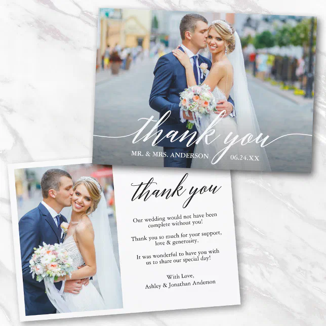 Modern Calligraphy 2 Photo Wedding Bride Groom Thank You Card | Zazzle