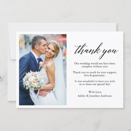 Modern Calligraphy 2 Photo Wedding Bride Groom Thank You Card | Zazzle