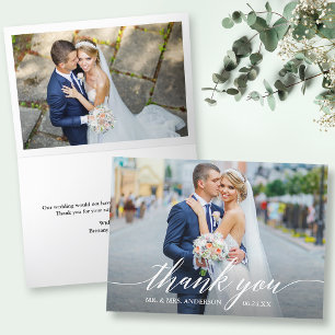 Modern Calligraphy 2 Photo Wedding Folded Letterpress Thank You Card