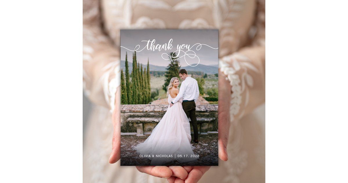 Modern Calligraphy 2 Photo Wedding Thank You Card | Zazzle