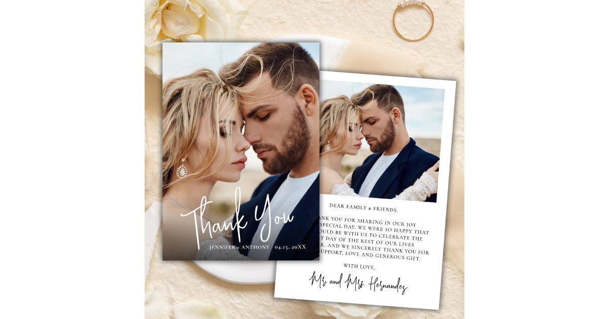 Modern Calligraphy 2 Photo Wedding Thank You Card | Zazzle