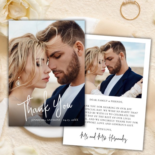 Modern Calligraphy 2 Photo Wedding Thank You Card (Creator Uploaded)