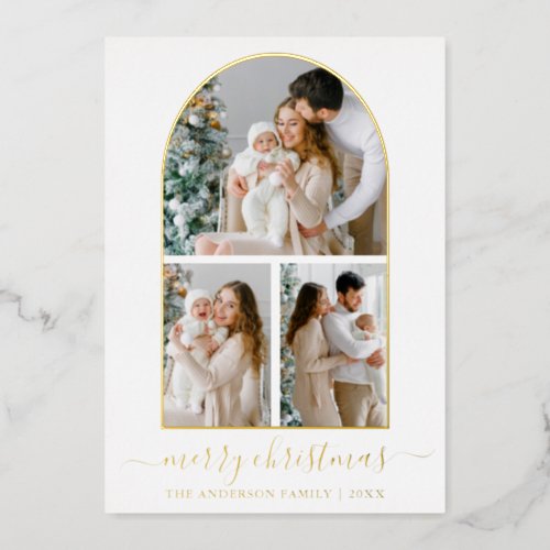 Modern Calligraphy 3 Photo Arch Christmas Gold Foil Holiday Card