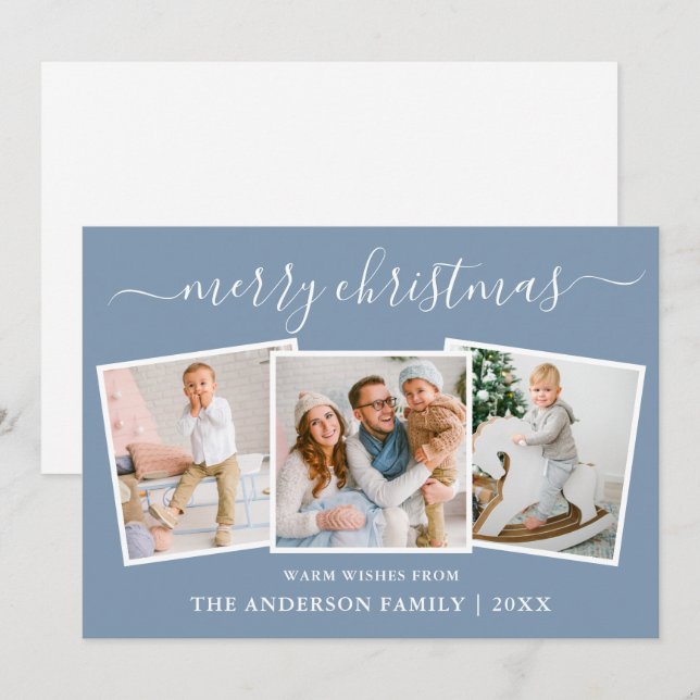 Modern Calligraphy 3 Photo Christmas Blue Holiday Card (Front/Back)