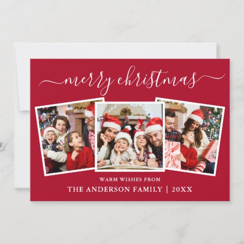 Modern Calligraphy 3 Photo Christmas Red Holiday Card