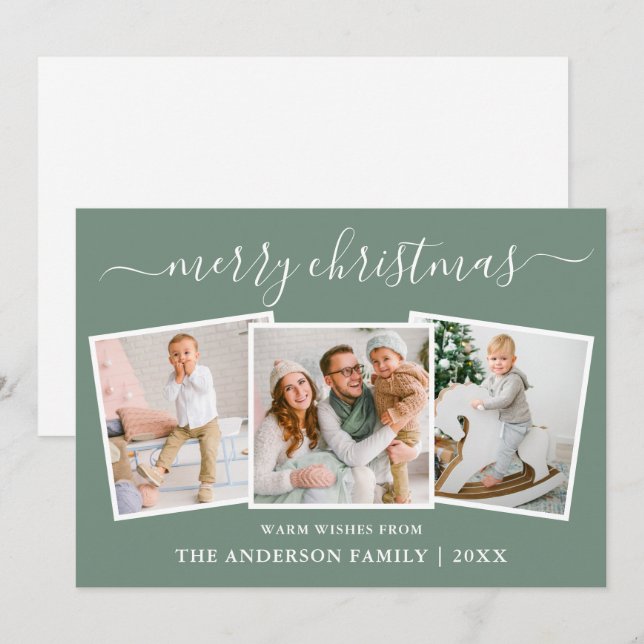 Modern Calligraphy 3 Photo Christmas Sage Green Holiday Card (Front/Back)
