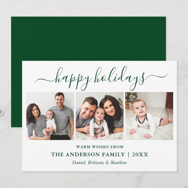 Modern Calligraphy 3 Photo Green Holiday Card (Front/Back)