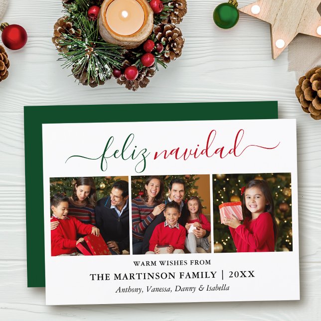 Modern Calligraphy 3 Photo Green Red Feliz Navidad Holiday Card (Customize to add text to back of card.)