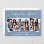 Modern Calligraphy 3 Photo Happy Hanukkah Blue  Holiday Card<br><div class="desc">Modern Trendy Calligraphy Script 3 Photo Family Photo Collage Happy Hanukkah Card - Dusty Blue</div>