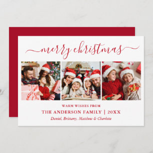 Modern Calligraphy 3 Photo Merry Christmas Red Holiday Card