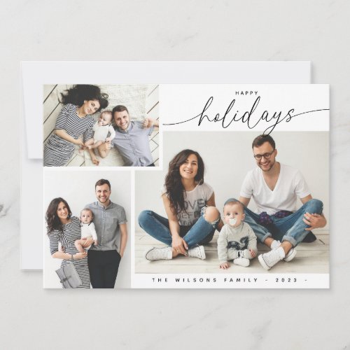 Modern calligraphy 3 Photo parents and baby happy  Holiday Card