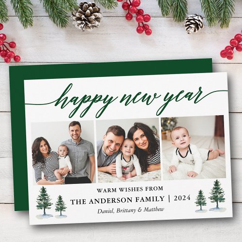 Modern Calligraphy 3 Photo Pines Happy New Year Holiday Card