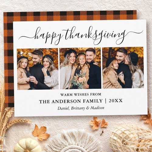 Modern Calligraphy 3 Photo Plaid Thanksgiving Holiday Card