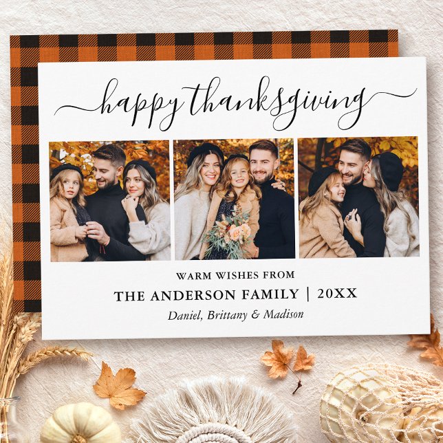 Modern Calligraphy 3 Photo Plaid Thanksgiving Holiday Card (Customize to change text size or style.)