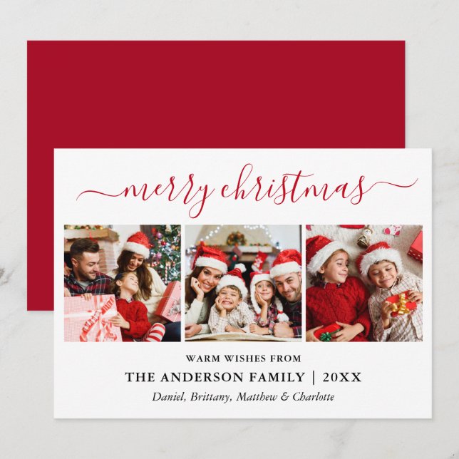 Modern Calligraphy 3 Photo Red Merry Christmas Holiday Card (Front/Back)