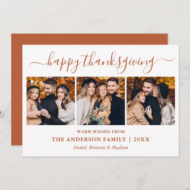 Modern Calligraphy 3 Photo Thanksgiving Terracotta Holiday Card (Front/Back)