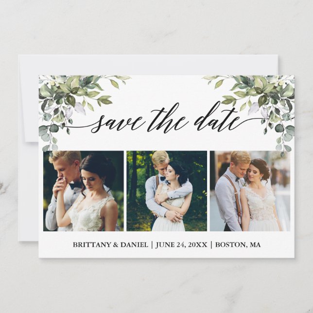 Modern Calligraphy 3 Photo Watercolor Greenery Save The Date (Front)
