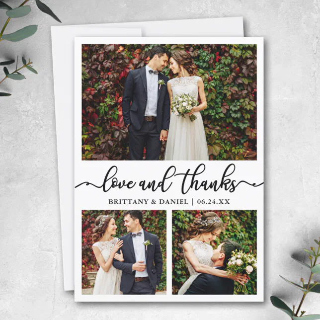 Modern Calligraphy 3 Photo Wedding Collage Thank You Card | Zazzle