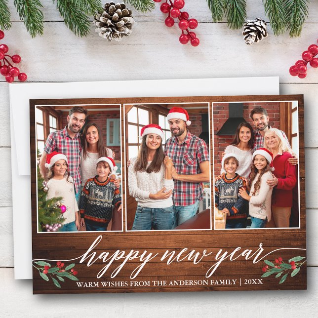 Modern Calligraphy 3 Photo Wood Happy New Year Holiday Card (Customize to add text to back of card.)