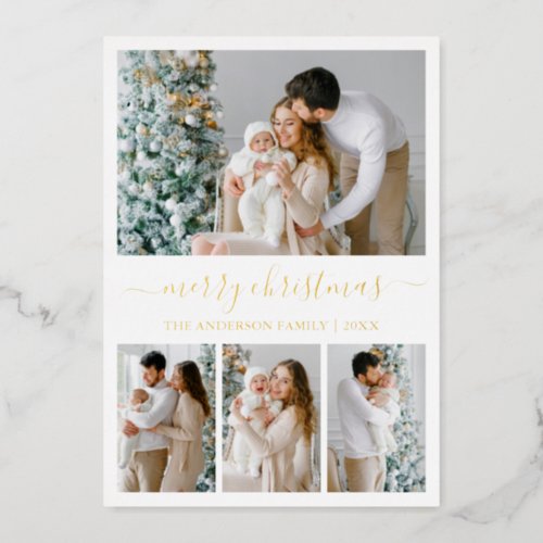 Modern Calligraphy 4 Photo Christmas Gold Foil Holiday Card