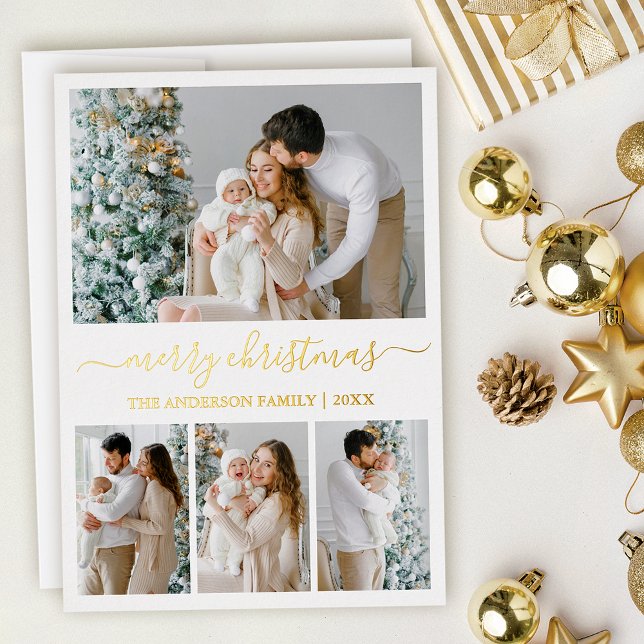 Modern Calligraphy 4 Photo Christmas Gold Foil Holiday Card (Gold Foil 4 Photo Christmas Card)