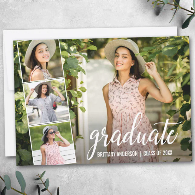 Modern Calligraphy 4 Photo Collage Graduation Announcement | Zazzle