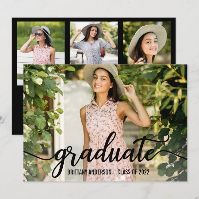 Modern Calligraphy 4 Photo Graduation Party Invitation (Front/Back)
