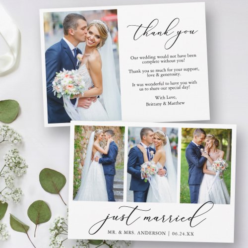 Modern Calligraphy 4 Photo Just Married Wedding Thank You Card