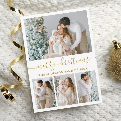 Modern Calligraphy 4 Photo Merry Christmas Gold Holiday Card