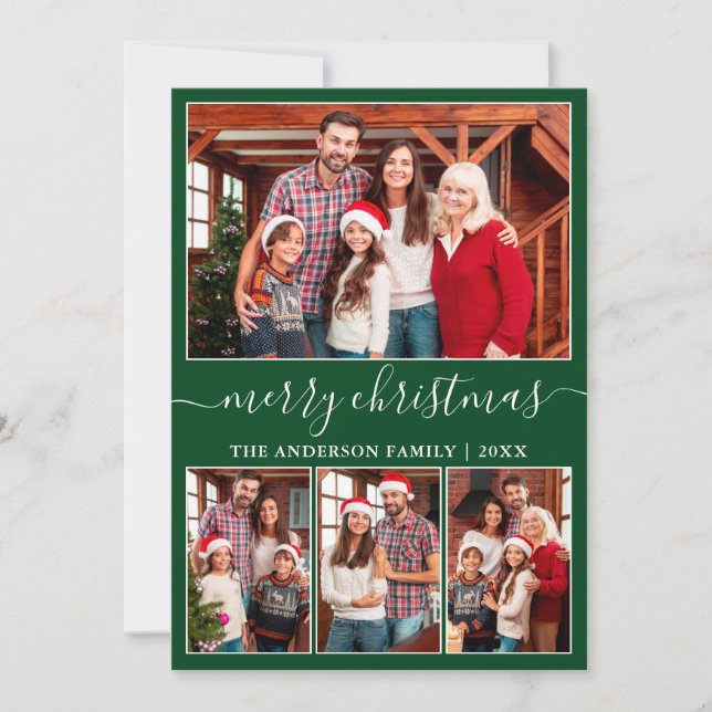 Modern Calligraphy 4 Photo Merry Christmas Green Holiday Card (Front)