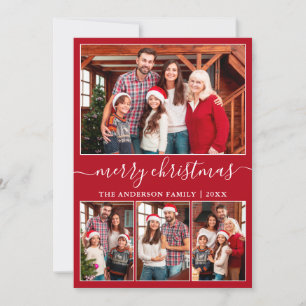 Modern Calligraphy 4 Photo Merry Christmas Red Holiday Card