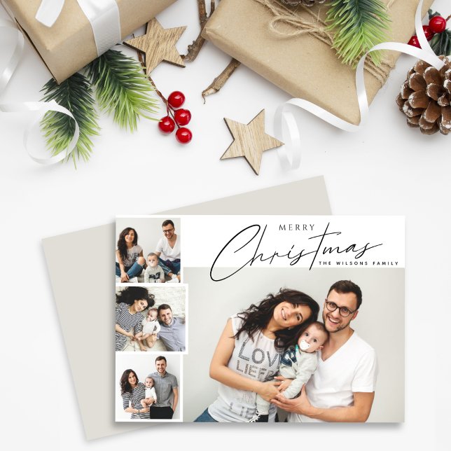 Modern calligraphy 4 Photo parents and baby Holiday Card (Creator Uploaded)