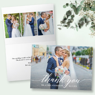 Modern Calligraphy 4 Photo Wedding Folded Letterpress Thank You Card