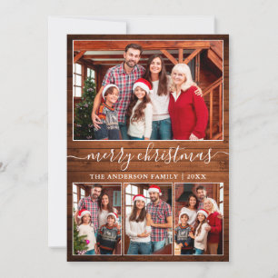 Modern Calligraphy 4 Photo Wood Merry Christmas Holiday Card