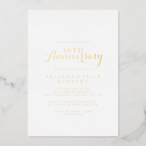 Modern Calligraphy 50th Wedding Anniversary Gold   Foil Invitation