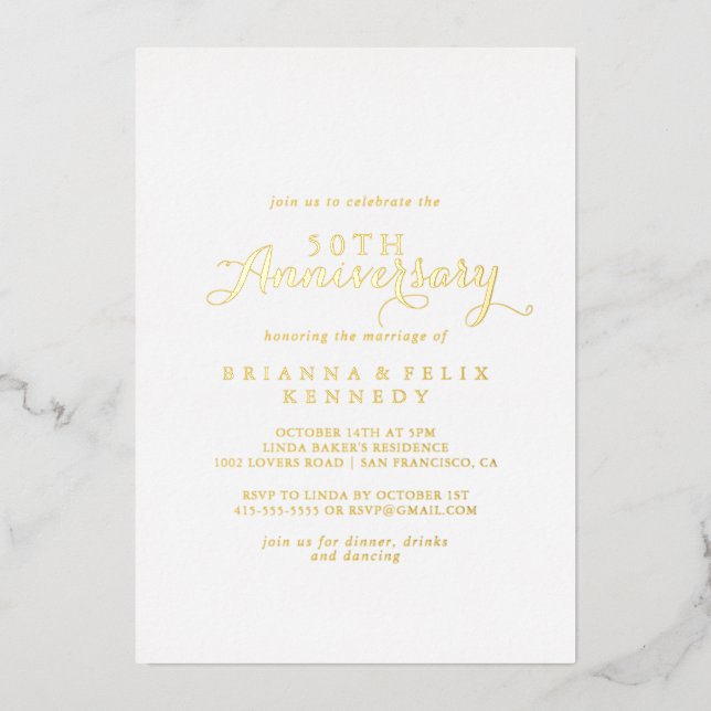 Modern Calligraphy 50th Wedding Anniversary Gold   Foil Invitation (Front)