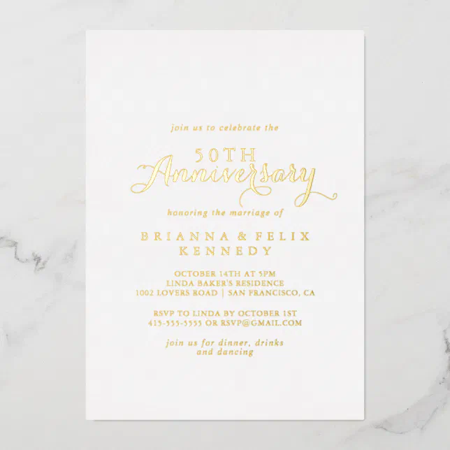 Modern Calligraphy 50th Wedding Anniversary Gold Foil Invitation | Zazzle