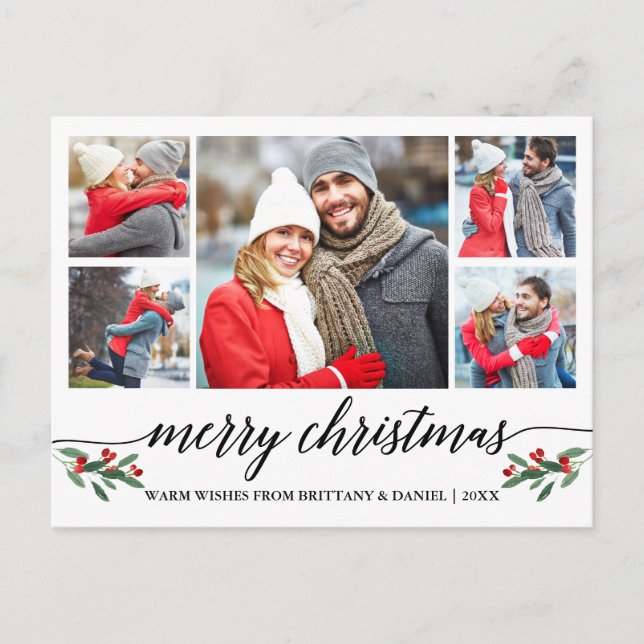 Modern Calligraphy 5 Photo Couple Merry Christmas Postcard (Front)