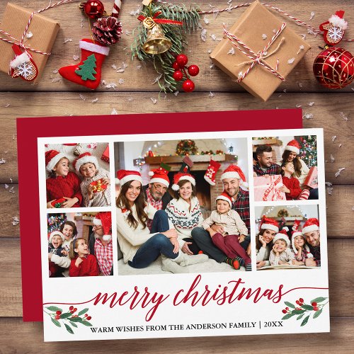 Modern Calligraphy 5 Photo Family Christmas Red Holiday Card