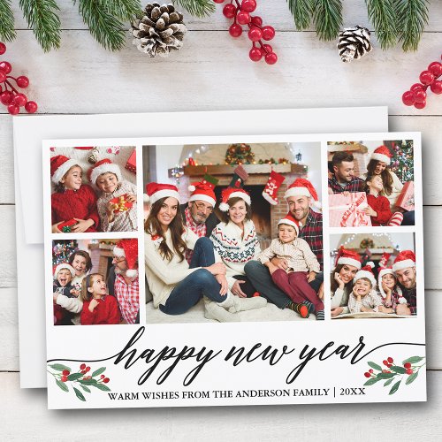 Modern Calligraphy 5 Photo Family Happy New Year Holiday Card