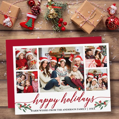 Modern Calligraphy 5 Photo Family Red Holiday Card