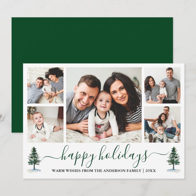Modern Calligraphy 5 Photo Green Pines Holiday Card (Front/Back)