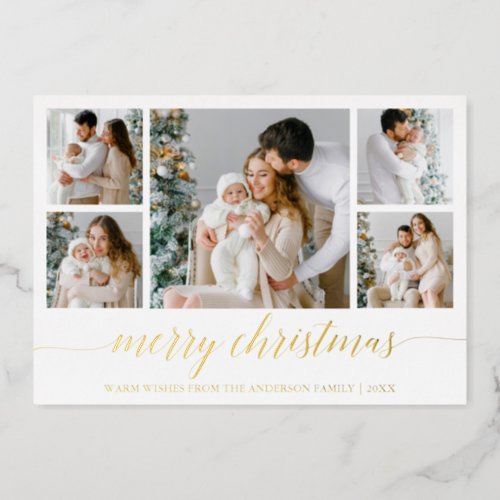 Modern Calligraphy 5 Photo Merry Christmas Gold Foil Holiday Card