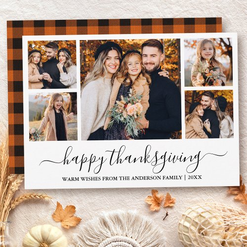 Modern Calligraphy 5 Photo Plaid Thanksgiving Holiday Card
