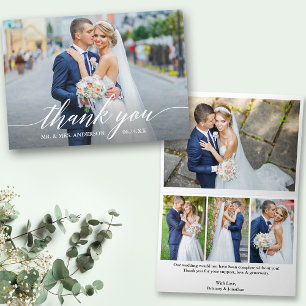 Modern Calligraphy 5 Photo Wedding Folded Letterpress Thank You Card