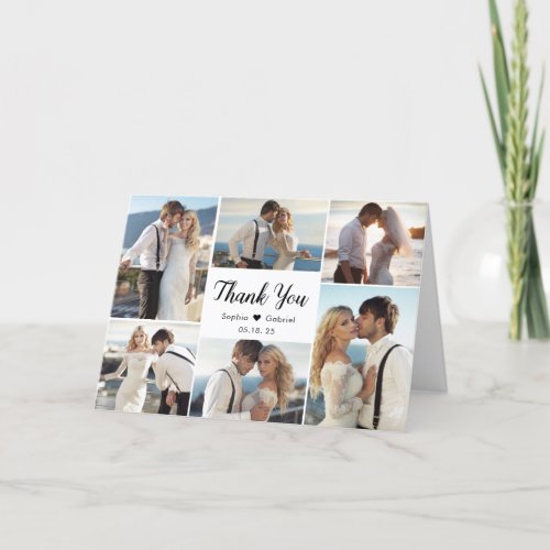 Modern Calligraphy 6 Photo Collage Heart Wedding Thank You Card