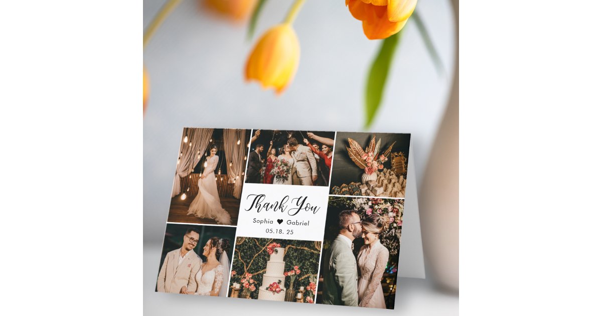 Modern Calligraphy 6 Photo Collage Wedding Thank Y You Card | Zazzle