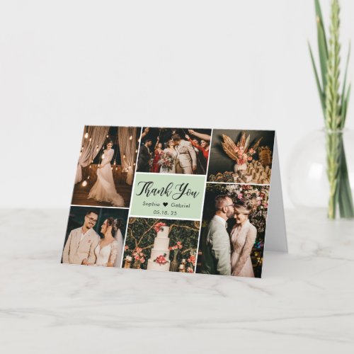 Modern Calligraphy 6 Photo Collage Wedding Thank You Card